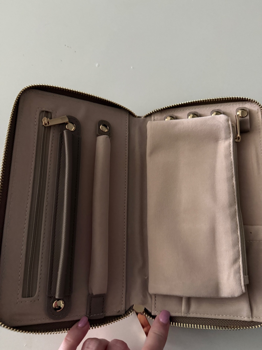 Travel Jewelry case in Taupe with Gold Hardware